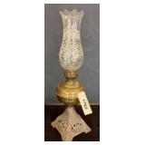 Brass Oil Lamp with Etched Glass Shade
