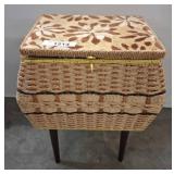 Wicker Sewing Basket on Stand with Contents