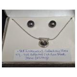 .925 Tahitian Black Stone Necklace & Earrings