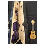 Mendini Purple Violin and Toy Ukulele Lot