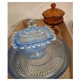 Blue and Amber Pressed Glass Covered Dishes
