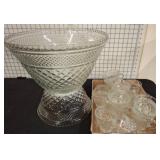 Pressed Glass Punch Bowl Set with Cups and L