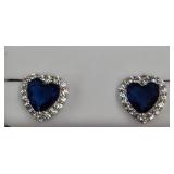925 Silver Heart Stud Earrings with Blue Gem