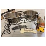 Pet Bowl Stand, Bone Sign, Hooks, and Toy