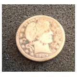 1909 D Barber Quarter Dollar Coin