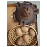 Wooden Basket With Five Eggs and Carved Pot