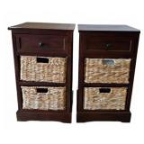 Wood Nightstands with Wicker Baskets,