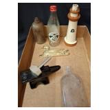 Lot: Bottles, Lighthouse, Brass Duck, &