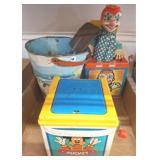Three Vintage Toys: Mattel, Clown, Tin