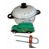 Enamel Pot, Toy Bank Van, and Yale U-L