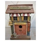 Wooden Fire House-Themed Birdhouse Decor