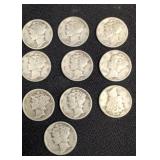 10 Mercury Dimes 1940-1945 US Silver Coins