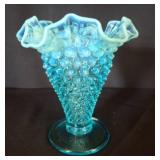 Blue Opalescent Hobnail Glass Vase, 5in