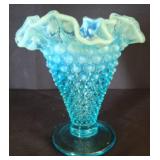 Blue Hobnail Opalescent Glass Vase, 5.5 in
