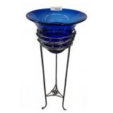 34" Blue Glass Bowl on Metal Stand