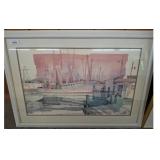 Framed Signed Harbor Scene Watercolor, 43"ï¿½32