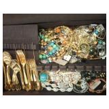 Gold-Tone Flatware and Costume Jewelry Lot