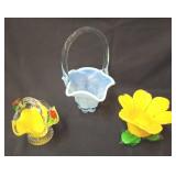 Art Glass Basket and Flower Bowls
