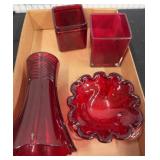 Red Glass Vases and Ashtray
