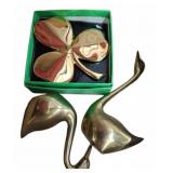 24K Gold Clover EP Plaque & Brass Swan Figurines