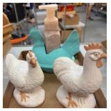 Ceramic Chicken Figurines and Soap Dispenser