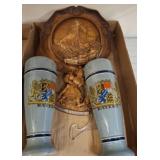 Bavarian Beer Steins and Carved Wood Plaque