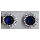 Round Blue Stone and Clear Crystal Earrings