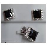 Black Stone Square Pendant and Earrings Set