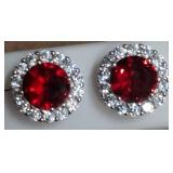 Red Stone Stud Earrings with Clear Accents