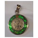 Aztec Calendar Pendant with Green Inlay, Not