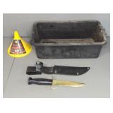 OIL DRAIN PAN, FUNNEL, DIVING KNIFE