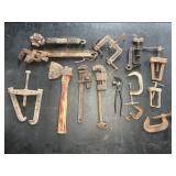 PIPE CUTTER, PULLERS, HATCHET, WRENCHES, 12 ITEMS
