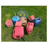 5 PLASTIC, 3 METAL GAS CANS AND EXTENSION CORDS