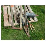 3 PICK AXES, TRACTOR EXHAUST, BOTTLE JACK,