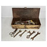 OLDER TOOLS IN METAL TOOL BOX