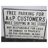 VINTAGE ATLANTIC & PACIFIC TEA CO. PARKING SIGN