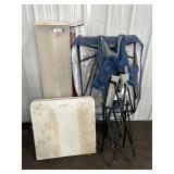 LIGHTS, FOLDING TABLE, CAMP CHAIR, AND SHOP LIGHT