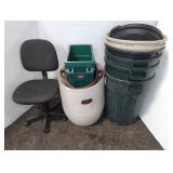ASSORTED TRASH, RECYCLE BINS AND OFFICE CHAIR
