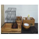 WOOD CRATE, WIRE BASKETS, DISPLAY RACK