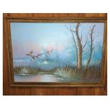 MALLARDS IN FLIGHT OIL ON CANVAS, UNSIGNED 40"X27"