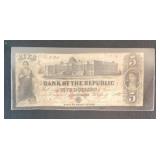 1855 $5 BANK OF THE REPUBLIC RHODE ISLAND  NOTE