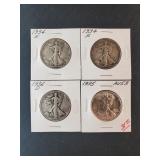 4 WALKING LIBERTY HALF DOLLARS