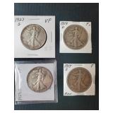 4 WALKING LIBERTY HALF DOLLARS