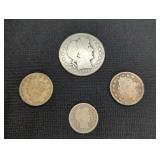 BARBER COINS  19081/2, 1898 DIME, 07&12  NICKELS