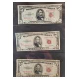 (3) CIRCULATED $5 US NOTES- RED SEAL, SERIES 1953