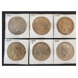 (6) PEACE SILVER DOLLARS