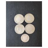 4 " V "  NICKELS & 1 BARBER DIME