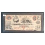 1860 $5 BILL - THE CENTRAL BANK OF VIRGINIA