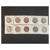 (10) FRANKLIN SILVER HALF DOLLARS, $5 FACE