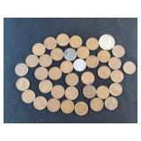 (38) WHEAT PENNIES AND  1950 SILVER WASHINGTON